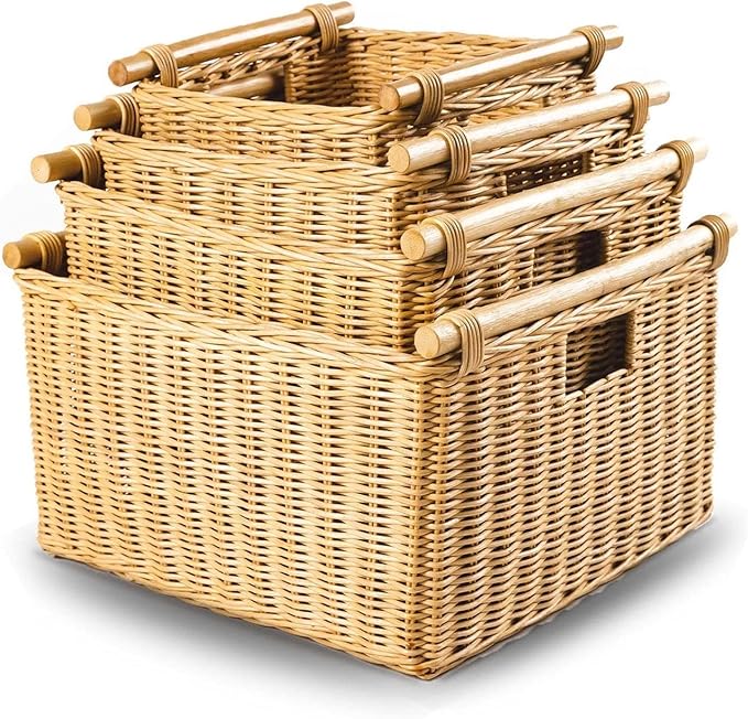 The Basket Lady Deep Pole Handle Wicker Storage Basket, Medium, 13.5 in L x 14 in W x 9 in H, Sandstone