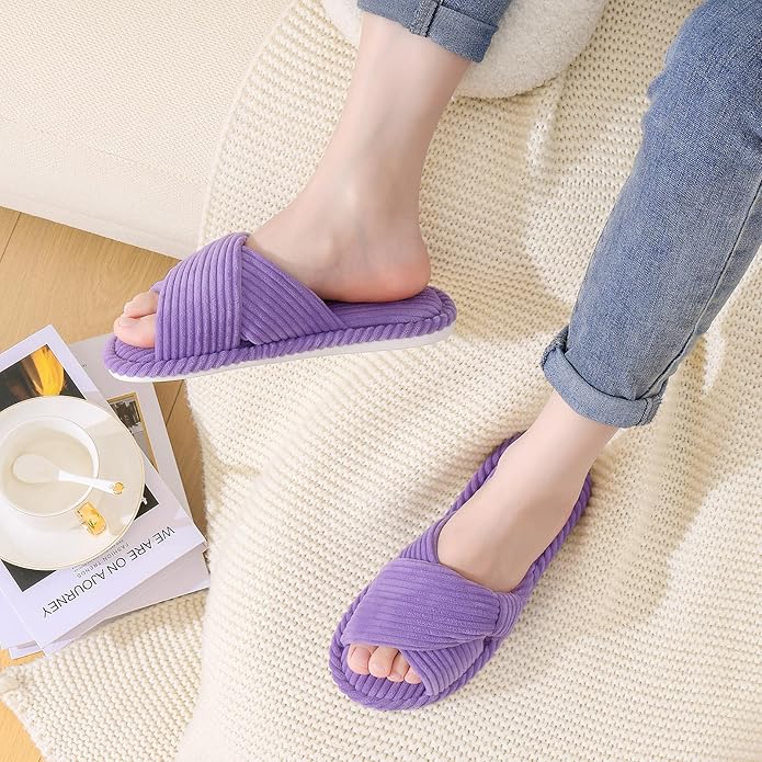 Evshine Summer House Slippers for Women Corduroy Cross Bow Indoor Slippers Open Toe Slip On Bedroom Shoes with Memory Foam