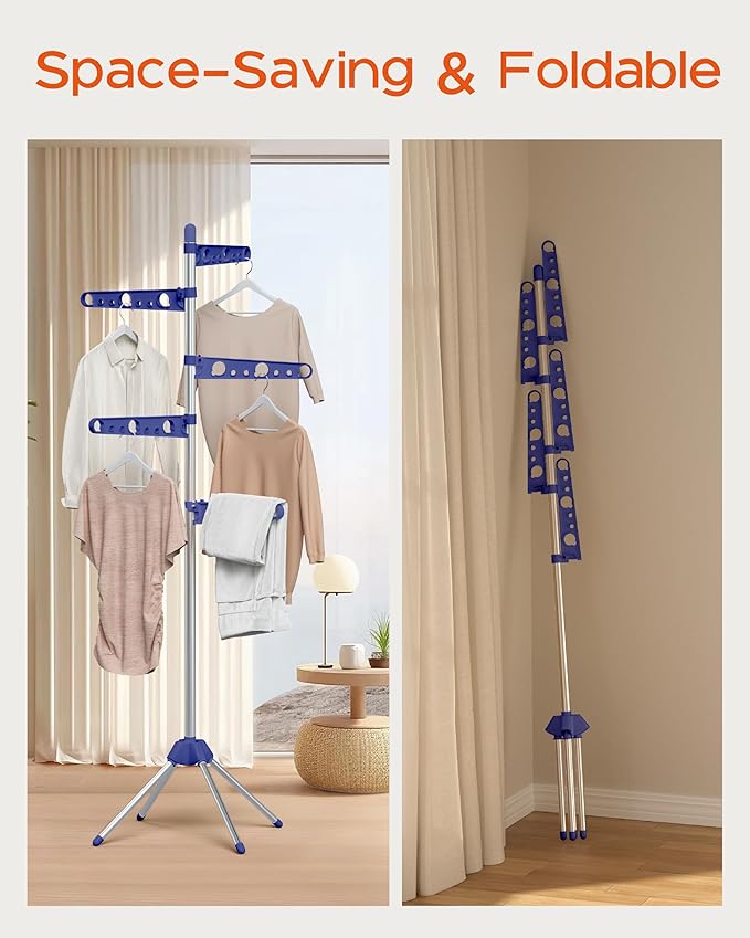 Clothes Drying Rack Foldable, 70.9 inch Tripod Drying Rack for 35 Pieces of Clothes, with Height-Adjustable Rotatable Clothes Rails, Space Saving, Stainless Steel, Blue and Silver CDR005Q01