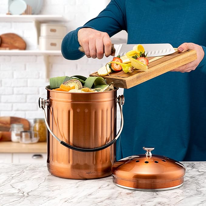 RED FACTOR Premium Compost Bin for Kitchen Countertop - Stainless Steel Food Waste Bucket with Innovative Dual Filter Technology - Includes Spare Filters (Matt Copper, 1.3 Gallon)