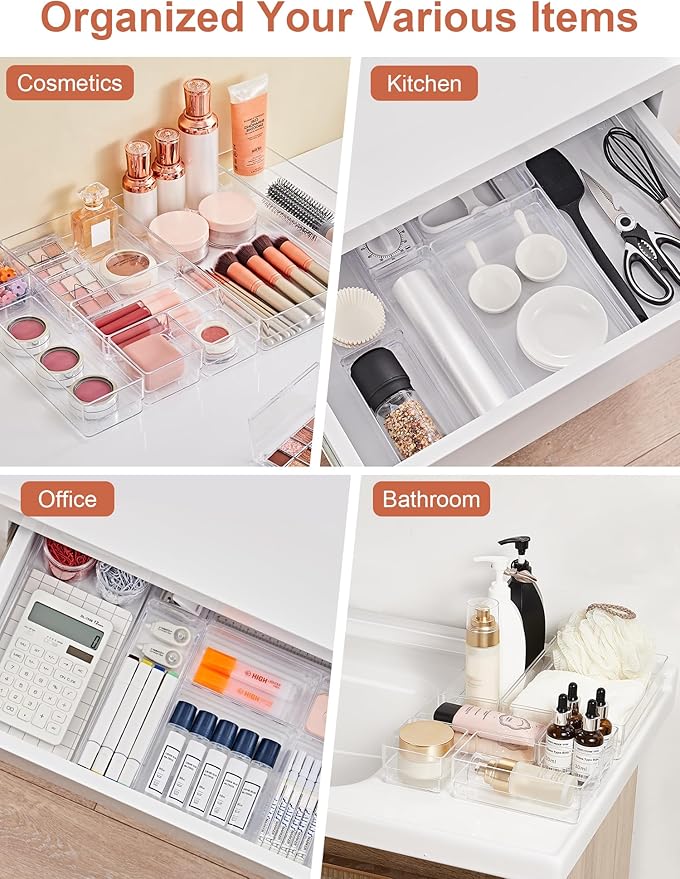SMARTAKE 20-Piece Drawer Organizer with Non-Slip Silicone Pads, 7-Size Desk Drawer Organizer Trays Storage Tray for Makeup, Jewelries, Utensils in Bedroom Dresser, Office and Kitchen (Clear)