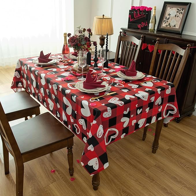 Red Gingham Plaid Love Heart Tablecloth - Valentines Day Rectangular 58x102 Inch Water Resistant Table Cloth for Indoor/Outdoor Use - Holiday Table Cover for Kitchen, Picnics, and Parties