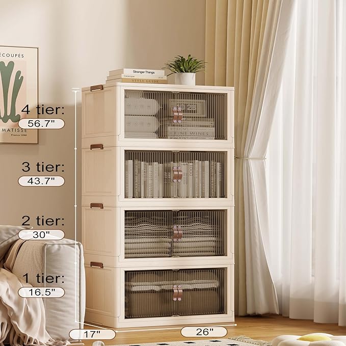 SAILUN 109Gal/434Qt Stackable Storage Bins Folding Collapsible Storage Bins with Lid, Closet Organizers and Storage Box Beige 26" W x 17" D x 56.7" H