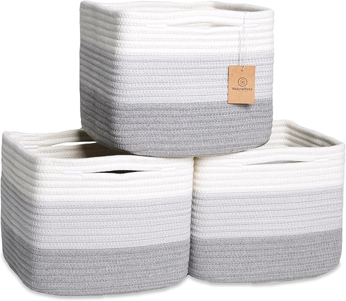 NaturalCozy Storage Cubes 9”x9”x7”Cotton Rope Woven Baskets for Organizing 3-Pack | 9 Inch Cube Storage Bin | Small Basket for Shelf Nursery, Pantry, Decorative Plant, Bathroom Closet, Toy Gift