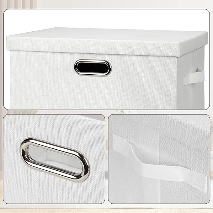 Large 17" 36 Quart Collapsible Stackable Storage Bins with Lids, 5 Packs White Linen Fabric Closet Boxes with Lids, Storage Cube Baskets Container Organizers for Bedroom Office(17 x12 x11)