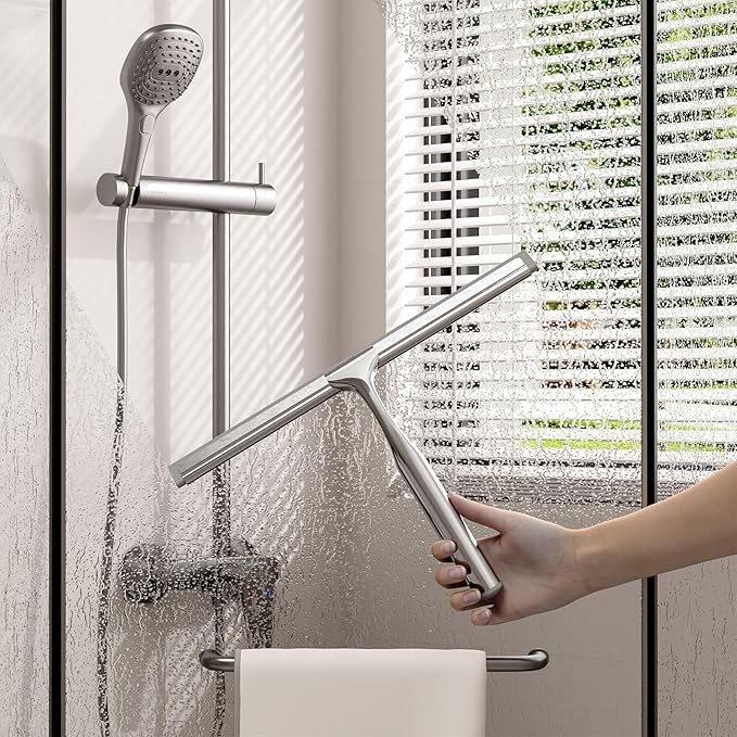 Shower Squeegee for Glass Doors, Stainless Steel Shower Squeegee for Bathroom, Window and Tiles, All-Purpose Squeegee with Adhesive Hook-10”, Chrome