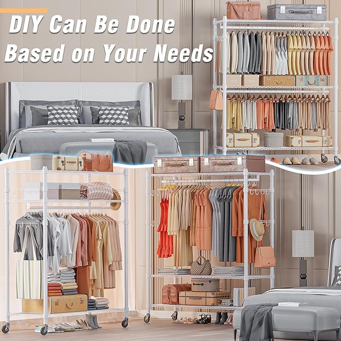 Homdox 3 Tier Garment Rack with Wheels, Portable Closets for Hanging Clothes Heavy Duty, Closet Racks and Shelving with Double Hanger Rods & Side Hooks, White
