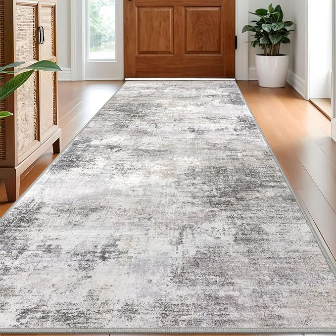 IOHOUZE Abstract Runner Rug 3x8 Ft Washable Runners for Hallways, Non Slip Kitchen Runner Printed Faux Wool Entryway Runner Indoor, Modern Abstract Floor Carpet for Hall Bedroom, Grey Beige