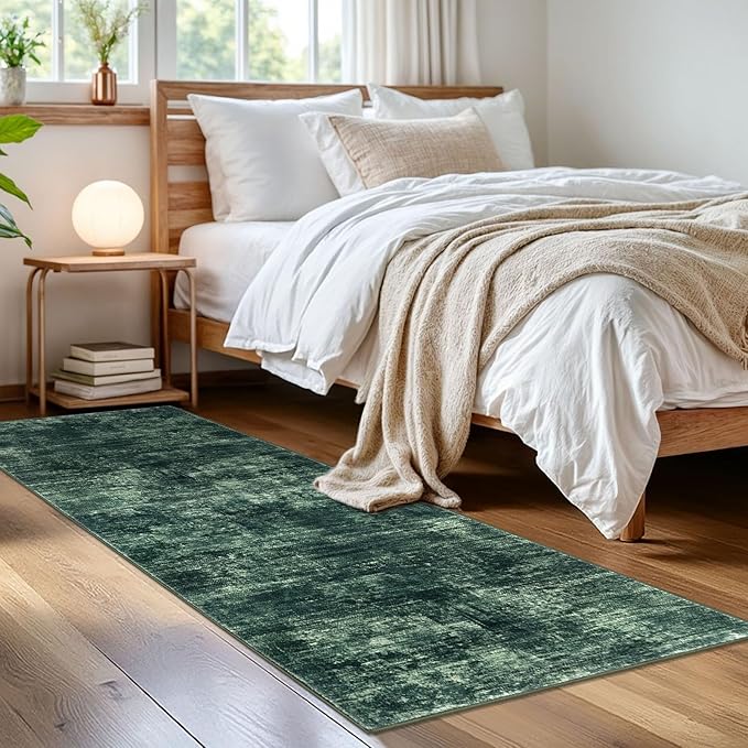 IOHOUZE Abstract Runner Rug 2x6 Ft Washable Runners for Hallways, Non Slip Kitchen Runner Printed Faux Wool Entryway Runner Indoor, Modern Abstract Floor Carpet for Hall Kitchen Bedroom, Dark Green