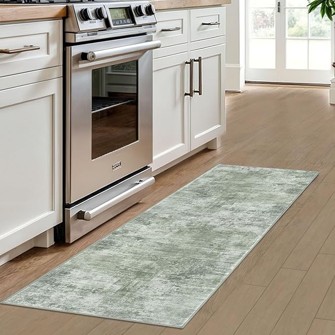 IOHOUZE Abstract Runner Rug 2x6 Ft Washable Runners for Hallways, Non Slip Kitchen Runner Printed Faux Wool Entryway Runner Indoor, Modern Abstract Floor Carpet for Hall Kitchen Bedroom, Sage Green