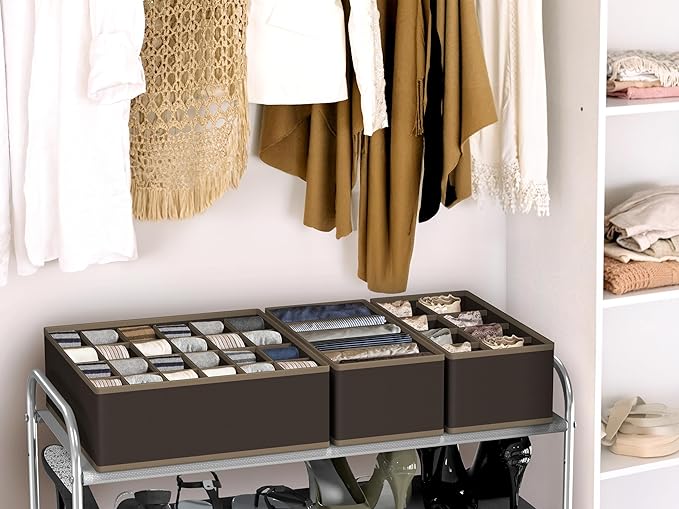 Simple Houseware 4-Pack Drawer Organizer Set - Closet Dividers for Underwear, Socks, Bras, Scarves, Ties - Foldable Non-Woven Storage Boxes, Brown