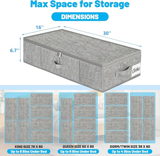 Under Bed Storage Container Bins 2 Pack, Low Profile Foldable Underbed Clothes Storage Organizer W/ Ultra Thick Fabric and Sturdy Bottom/Sides, Dual Zipper Storage Box for Dorm and Home 30x16x6.7"