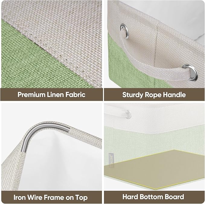 BALEINE 3 Pack Fabric Storage Bins for Shelves, Linen Storage Baskets for Organizing, Decorative Closet Bins for Clothes, Home (Green, 12"x8"x8")