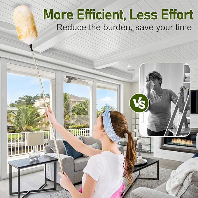Extendable Lambswool Duster 25-64" Retractable Telescopic Handle Removable Head Multi-Surface Cleaning Tool for Ceiling Fans, Windows, High Walls, and Hard-to-Reach Areas (2pcs)