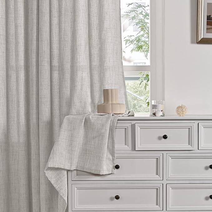 YoungsTex Light Grey Linen Curtains 95 Inches Long for Living Room, Floor Length Semi Sheer Drapes with Rod Pocket Back Tab Light Filtering Window Treatments for Bedroom, 52 X 95 Inch, 2 Panels