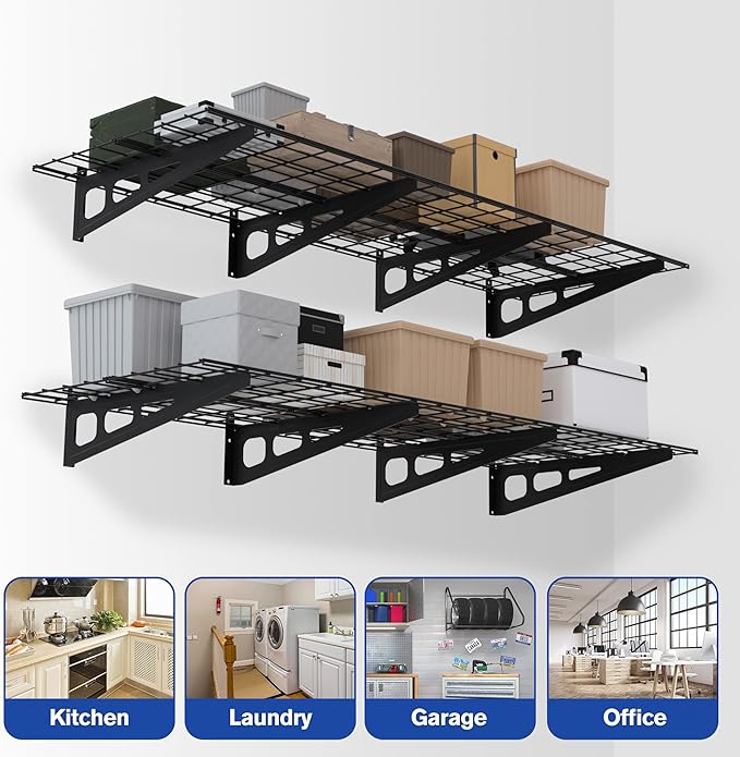 WORKPRO 2-Pack 2x6FT Garage Wall Shelving, 72” x 24” Heavy Duty Wall Mounted Shelving, 800lbs Load Capacity (Total), Metal Wall Shelves Suitable for Shop, Shed, Garage Storage, Black, 1 Sets