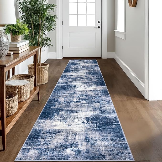 IOHOUZE Abstract Runner Rug 2x10 Ft Washable Runners for Hallways, Non Slip Kitchen Runner Printed Faux Wool Entryway Runner Indoor, Modern Abstract Floor Carpet for Hall Kitchen, Navy/Grey