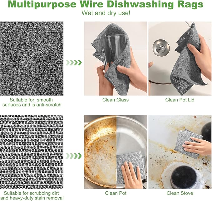 10 Counts Multipurpose Wire Dishwashing Rag,Non Scratch Wire Dishcloth,Microfiber Miracle Cleaning Cloth with Mesh,Dual-Sided Steel Mesh Cloth for Pot,Metal Scrubber for Washing Dishes,Grey