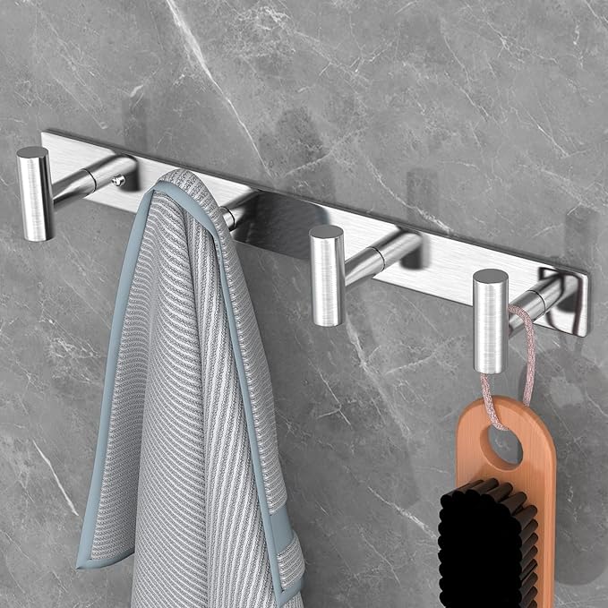 VAEHOLD Silver Hat and Coat Wall Mount Rack - Coat Rack with 4 Hooks for Robes, Bags, Keys, and Towels - Bathroom Towel Hanger Organizer (2 Pack)