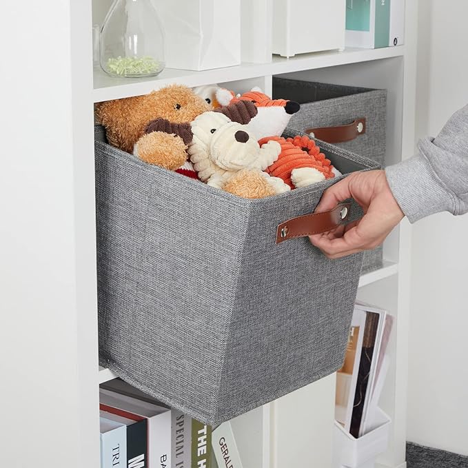 DULLEMELO 11x11 Cube Collapsible Fabric Storage Bins for Shelf Organizing, Toy Square Bins, Kids Clothes Closet Baskets Storage, for Bedroom, Living Room, Dorm(Gray-4 Pack)