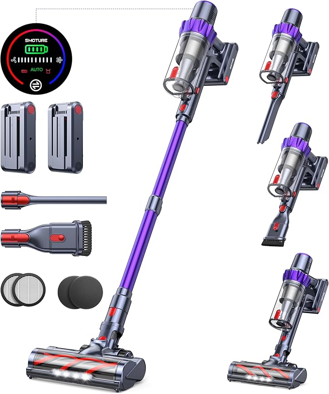 Cordless Vacuum Cleaner, 2 Batteries 110 Mins Runtime Vacuum Cleaners for Home, 45KPA 550W Stick Vacuum with Brushless Motor, Automatically Adjust Suction, Handheld Vacuum for Pet Hair/Carpet/Floor