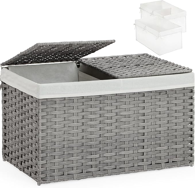Storage Basket with Lid Rattan, Woven Storage Baskets with 2 Separate Lids, 17.2 Gallon (65 L), 22.2 x 13 x 13.8 Inches, Foldable, 2 Removable Liner Bags Handles for Bedroom, Laundry Room Gray