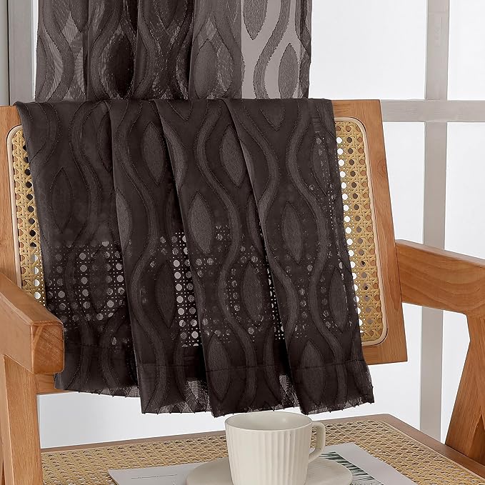 Aiyufeng Brown Sheer Curtains Tiers 36 Inch Length 2 Panels, Airy Lightweight Clip Jacquard Short Kitchen Window Curtains, Modern Wavy Line Textured Voile Sheer Curtain Panles, 40" Wx36 L Inches