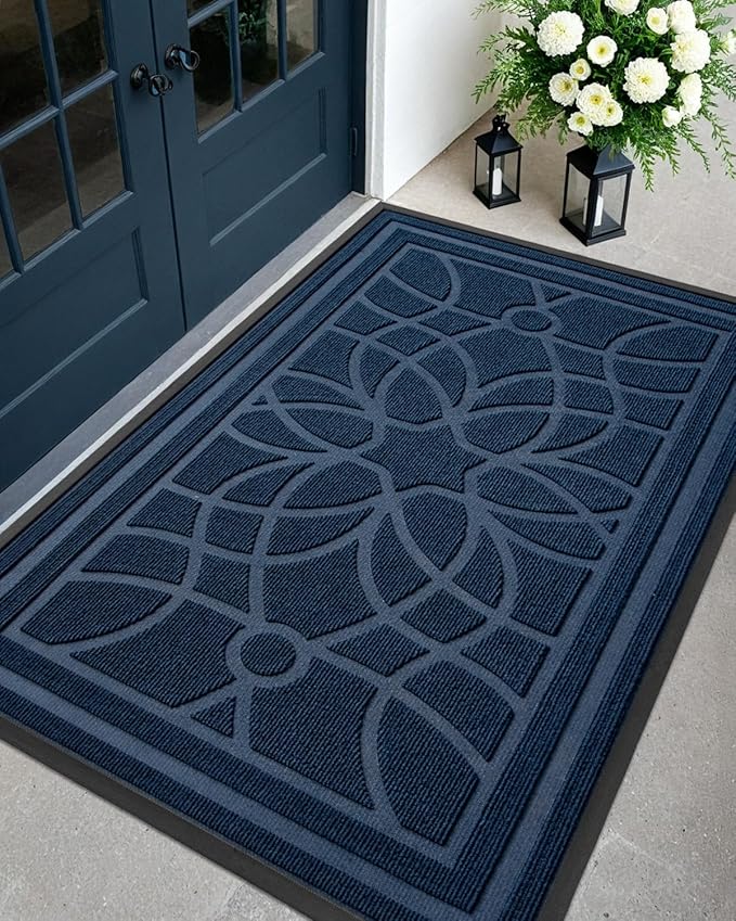DEXI Front Door Mat Outside Entrance, Heavy Duty Non Slip Low Profile Doormat for Entryway, Trap Dirt and Moisture Welcome Mats, Easy Clean, Patio, Garage, 6x4, Blue