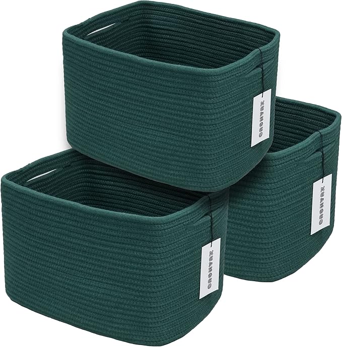 Cotton Rope storage Basket Bins14.5X9.5X9.3“ Basket for Organizing Shelves Rectangle Decorative Baskets For storage Clothes Toys Books Towels Square Wicker Nursery basket organizer 3 pack Dark green