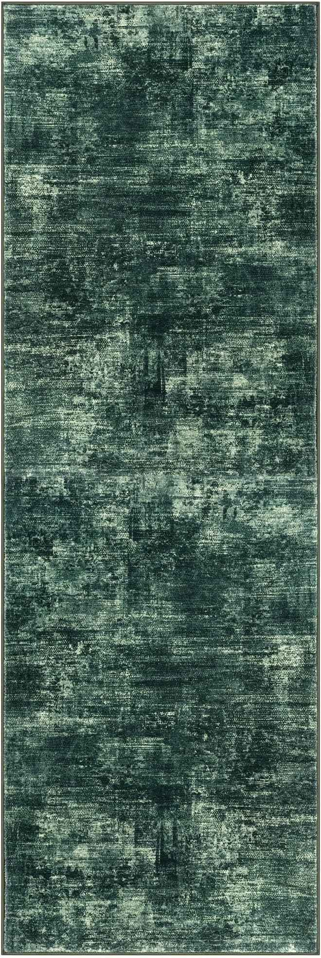 IOHOUZE Abstract Runner Rug 2x6 Ft Washable Runners for Hallways, Non Slip Kitchen Runner Printed Faux Wool Entryway Runner Indoor, Modern Abstract Floor Carpet for Hall Kitchen Bedroom, Dark Green