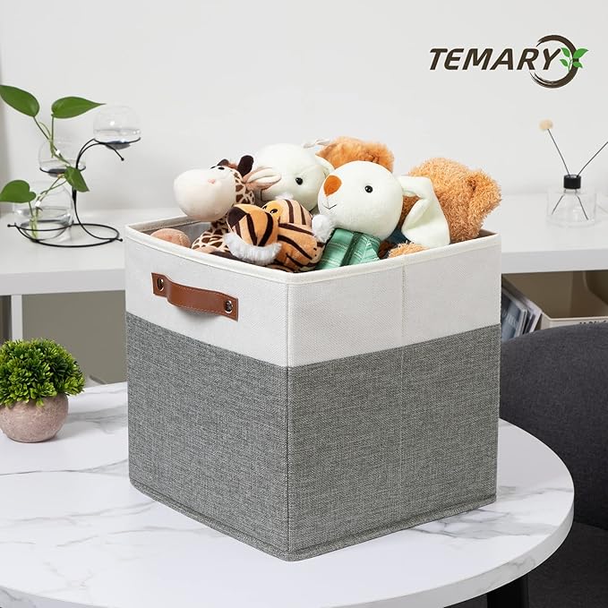 Temary Storage Cubes 12ﾗ12 Fabric Cube Storage Bins Foldable Storage Baskets with Handles, Decorative Storage Boxes for Organizing, Home, Office, Nursery, Shelf, Closet (White & Grey, 12 x 12 x 12)