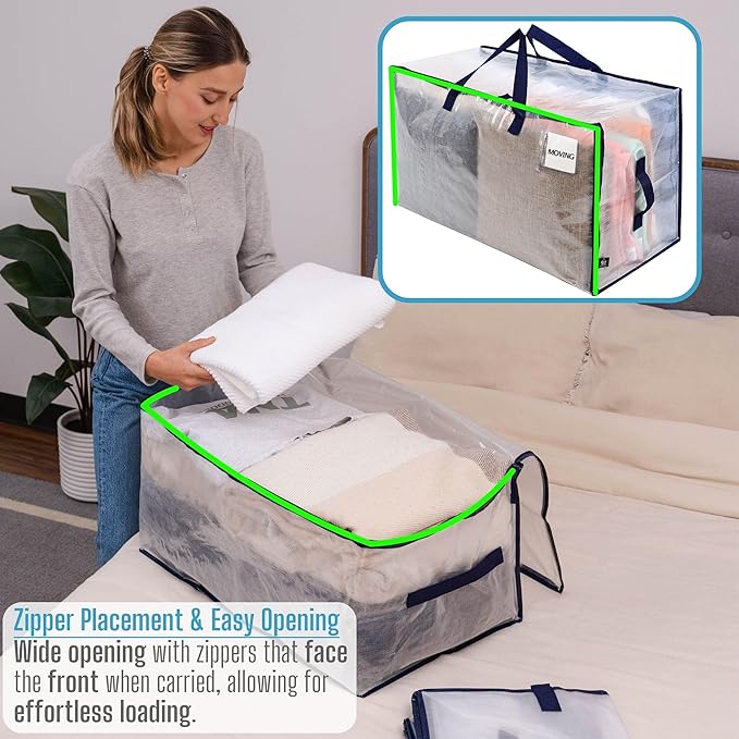VENO 2 Pack Moving and Storage Bags, Heavy Duty, Alternative to Moving Boxes, Large Packing Totes Supplies for College Dorm Room with Zipper for Clothes, Wide Open Design (Clear, 2 Pack)