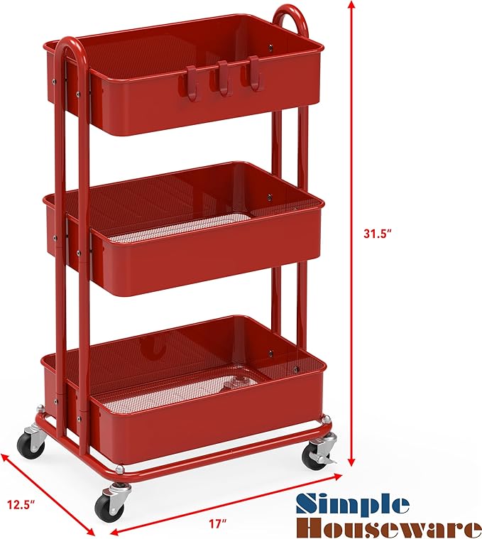 Simple Houseware 3-Tier Heavy Duty Metal Utility Rolling Cart, Red