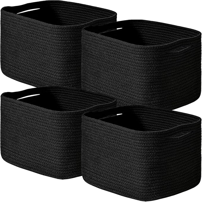 Black Storage Baskets for Shelves, Small Storage Baskets for Organizing, Woven Cotton Rope Baskets for Storage, Book Basket, Decorative Shelf Basket, 12.5"Lx9.1''Wx7.9''H (4 Packs) Black