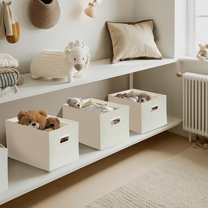 DECOMOMO Storage Bins for Shelves Robust Fabric Closet Bins for Shelves Toy Storage Clothes Books (Pack of 3 – Beige)