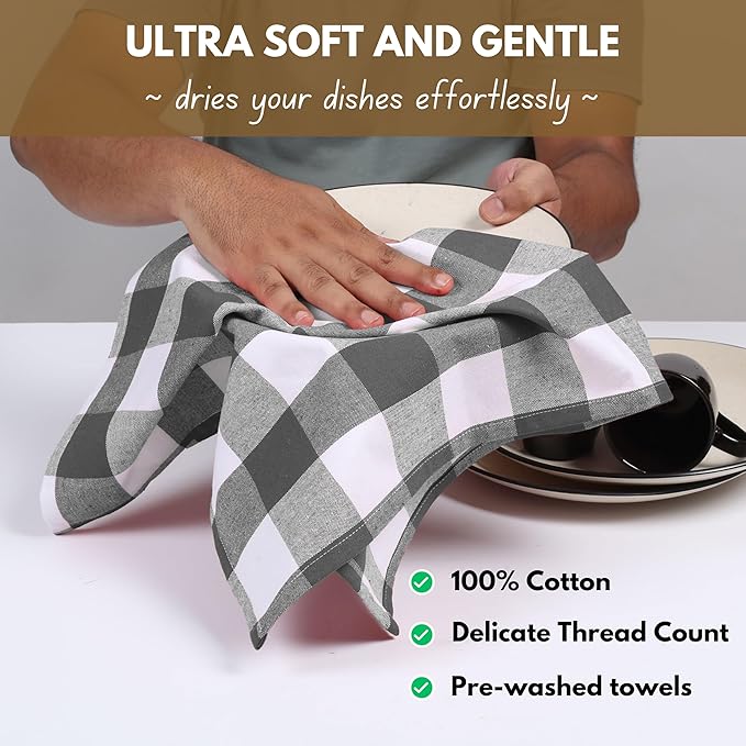 Native Fab 4-Pack Kitchen Towel with Hanging Loop 16x26 inches, Cotton Buffalo Check Kitchen Towels for Cleaning Drying, Washcloths Soft & Absorbent Cloth Rags, Bar Towel, Dish Cloth, Grey