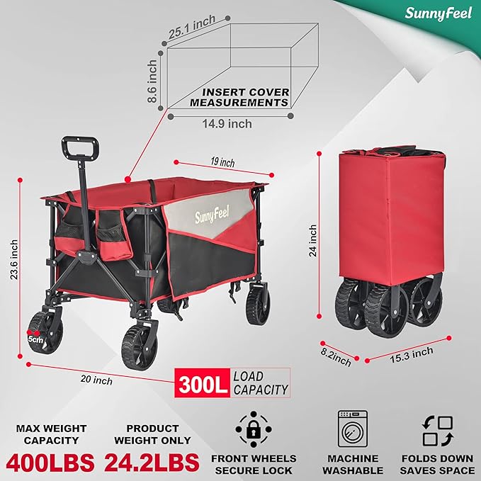 SunnyFeel Heavy Duty Collapsible Outdoor Utility Wagon Cart 400LB Capacity Adjustable Handlebar,Foldable Beach Wheels Stable Durable Oxford Fabric for Shopping Garden Camping (Black & Red)