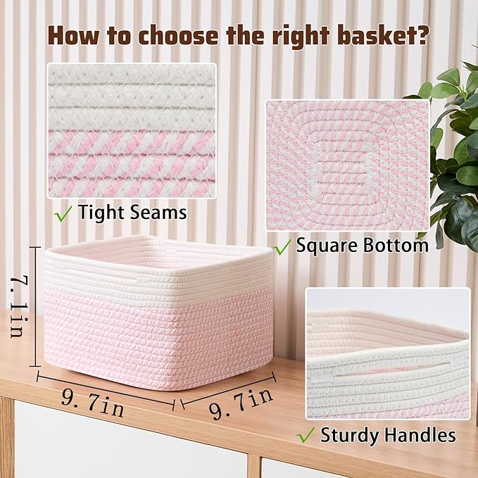 Small Organizing Baskets for Cubes Shelf, 9.7x9.7x7.1 Inch Rope Woven Storage Bins for Nursery Shelves Storage, Cute Toy Basket, Square 3 Packs Off White Pink