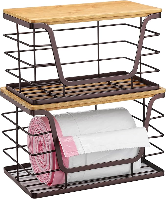 ALOCEO 2 Pack Large Pantry Baskets with Bamboo Lip, Stainless Steel Garbage Bag Holder Dispenser Countertop Storage, Stackable Kitchen Storage Bins for Fruit Onion Potato Vegetable, Brown