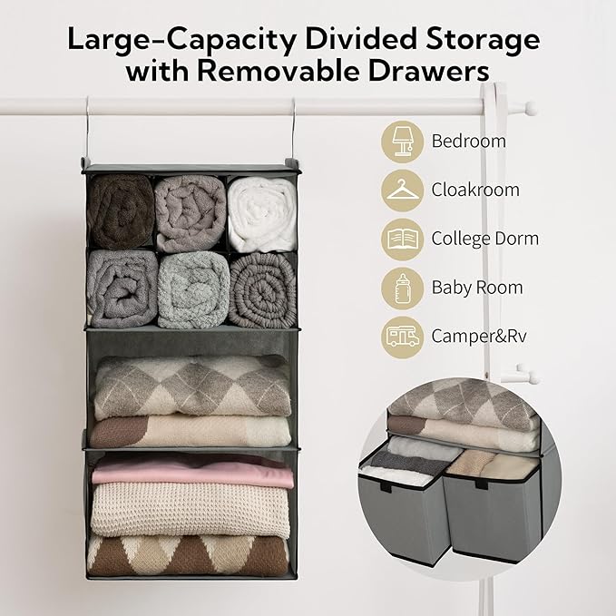 GRANNY SAYS Hanging Closet Organizer with Drawers, 4 Shelf Dividers Closet Hanging Organizer, Foldable Hanging Shelves for Wardrobe Closet, Small Closet Organizers for Clothes Shoes, Grey