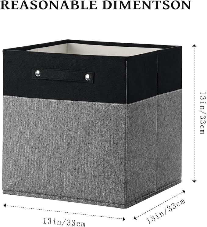 13 x 13 Inch Fine Linen Storage Bins with Handles，Fabric Cube Boxs，Collapsible Basket Organizers for Shelves for Home, Closet Drawers (Black/Gray-4 Pack)