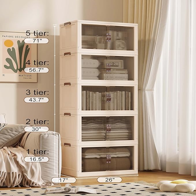 SAILUN 136Gal/543Qt Stackable Storage Bins Folding Collapsible Storage Bins with Lid, Closet Organizers and Storage Box with Door Beige 26" W x 17" D x 71" H