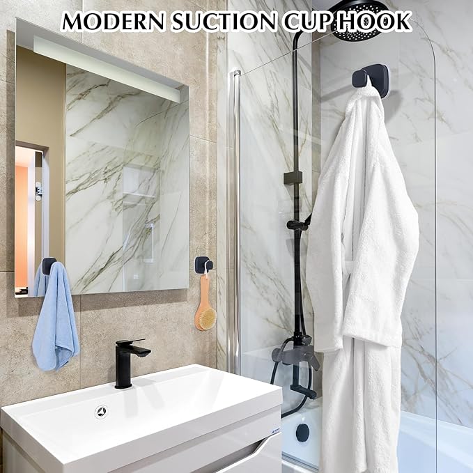 Suction Cup Hooks for Shower - Reusable No-Drill Mounting - Hooks for Towels, Robes & Loofah on Metal, Glass, Mirrors, Tile & Smooth Non-Porous Surfaces (4, Matte Black)