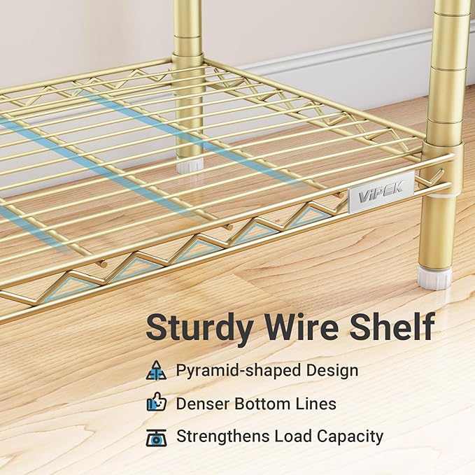 VIPEK V7 Clothes Rack Heavy Duty Max Load 670lbs, Garment Rack with 5 Tiers Adjustable Shelves Portable Closet Metal Sturdy Wardrobe Storage System for Walk-in Closet, Bedroom, Small Space (Gold)