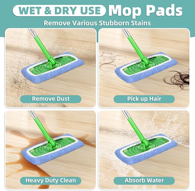 Reusable Mop Pads Compatible with Swiffer Sweeper Mop, Microfiber Dry Sweeping Cloths & Machine Washable Wet Pads Refill for Use on All Sealed Floors - Stone, Hardwood, Laminate & Tile (6 Blue)