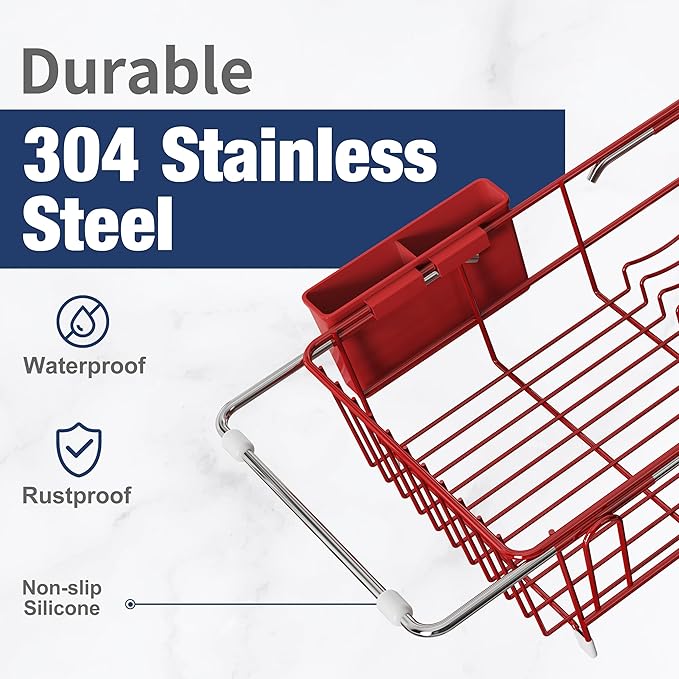JASIWAY Dish Drying Rack in Sink, Red Dish Dryer Racks Over Sink, Dishes Drainers for Kitchen Sink, Stainless Steel Plates Drying Rack with Utensil Holder & Cups Holder