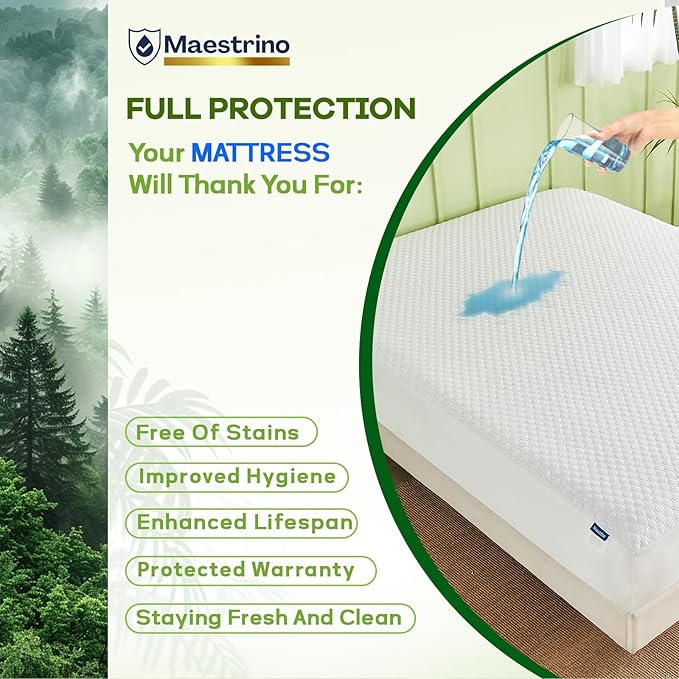 Premium Tencel California King Mattress Protector Cover in White, Natural and Skin Soft, Waterproof and Fully Fitted Deep Pocket, Hypoallergenic, Breathable, Noiseless and Absorbent
