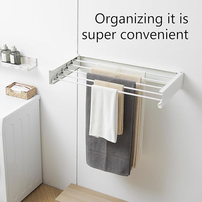Clothes Drying Rack, Laundry Hanging Rack Collapsible, Wall Mounted Drying Rack for Laundry, Foldable Drying Rack Indoor Outdoor, 31.5" Wide, 5 Aluminum Rods, 60 lb Capacity (White 31.5")