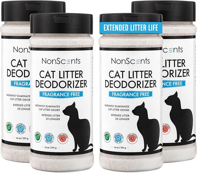 NonScents Cat Litter Deodorizer - Litter Box Odor Eliminator - Less Scooping Extends Kitty Litter Lifespan - Fragrance-Free Formula Eliminates Unpleasant Cat Odors - Fresh Scent Litter Pans (4-Pack)