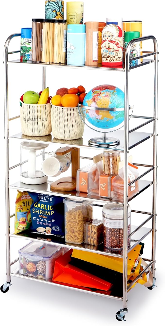 susunnus Stainless Steel Cart with Wheels 5 Tier,Stainless Steel Kitchen Cart,Utility Cart,Metal Cart with Wheels,Suitable for Various Occasions,Movable,Gift Tools